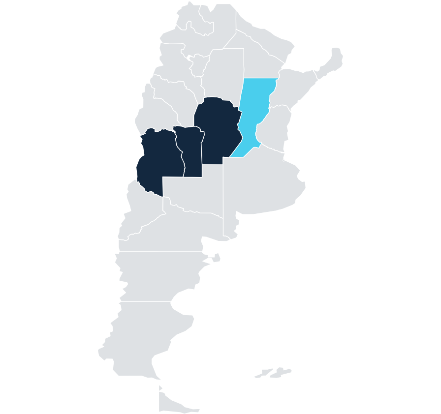 Mapa: Santa Fe, Córdoba, Mendoza y San Luis